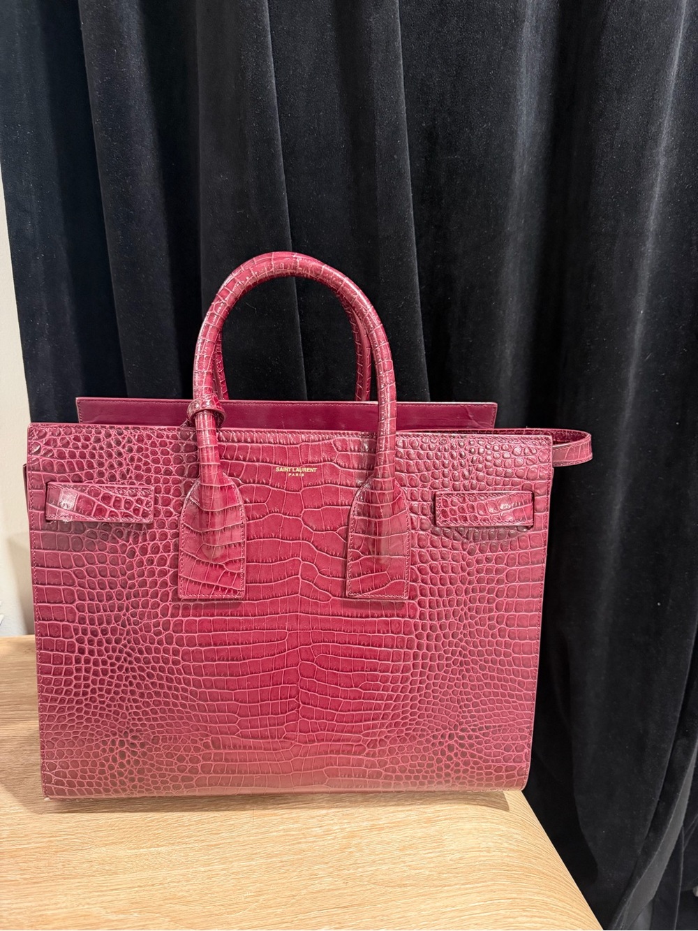 Saint Laurent Croc-Embossed Wine Red Tote